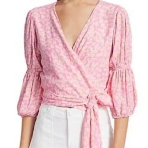 Faithfull The Brand Floral Wrap Top Puff Sleeves Pink Daisy  Women's Size XS - 2 - Picture 1 of 12